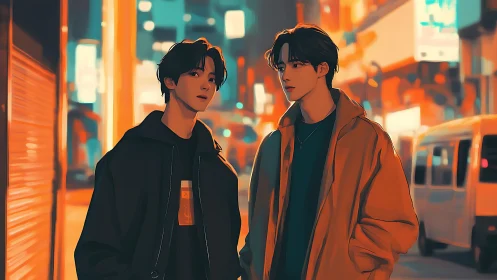 Two young men stand on neon city street at night