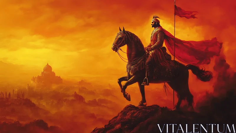 Equestrian warlord silhouette in atmospheric crimson horizon.