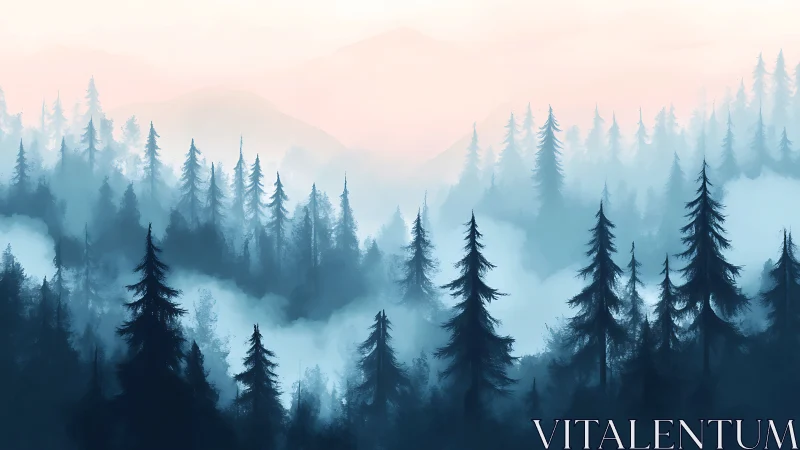Misty Mountain Forest Landscape. Atmospheric Pine Trees Valley.