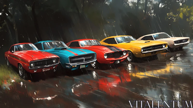 Row of classic muscle cars parked on wet forest road.