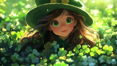 Green-eyed girl with hat in bright clover field portrait.