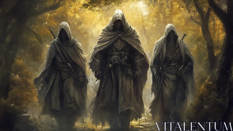Mysterious cloaked wanderers moving through golden forest paths.
