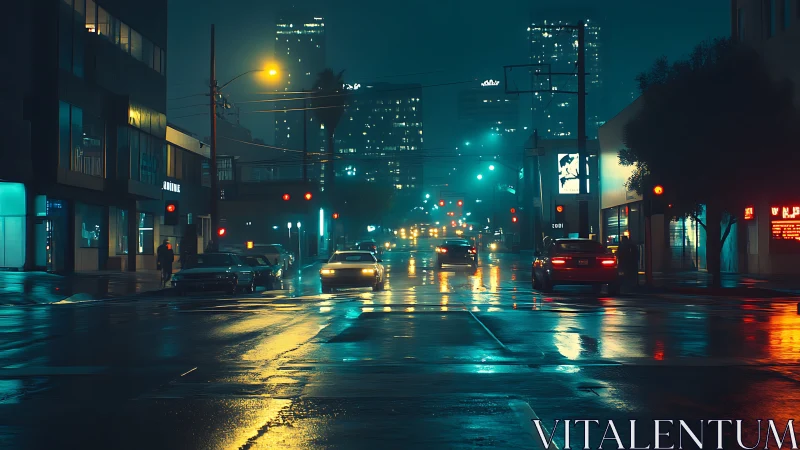 Rain soaked city intersection under neon night lights.