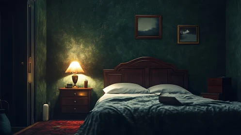 Moody bedroom interior lit by single bedside lamp casting soft shadows