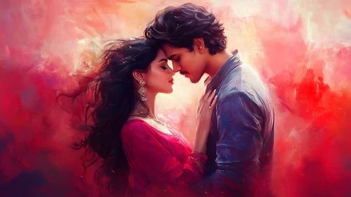 Intimate Portrait: Young Couple in Rose-Toned Romantic Embrace.