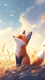 Gentle fox gazes at drifting leaves in a golden sunset field