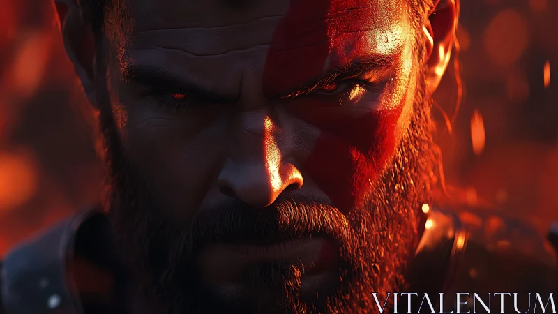 Cinematic warrior close-up with red warpaint and ember glow