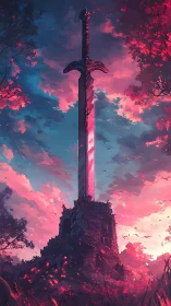 Colossal sword monument pierces radiant pink twilight sky.