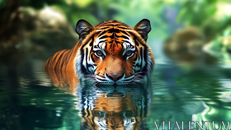 Tiger breaks jungle water surface with intense mirrored gaze.