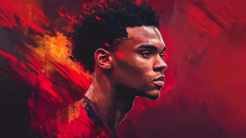 Expressive red digital portrait isolates a focused young profile