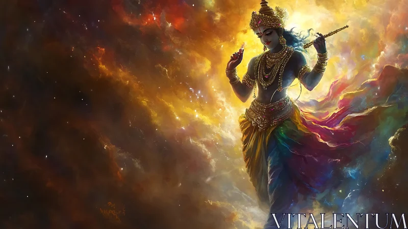 Divine celestial figure in iridescent nebula with flowing drapery.