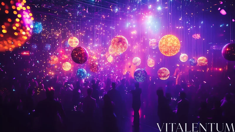 Crowded nightclub under glowing orbs and neon purple light.