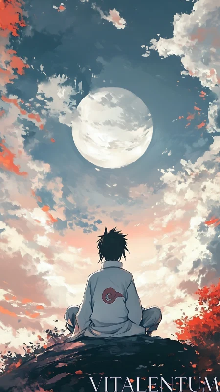 Solitary anime figure contemplates a vast glowing moonlit sky