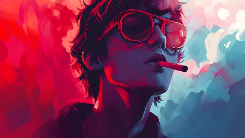 Neon daydream rebel in glowing pink and blue haze.