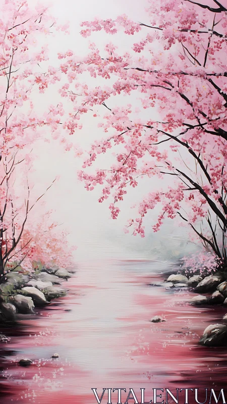 Pink cherry blossom river scene with arching trees overhead.