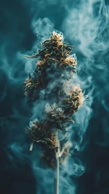 Macro floral inflorescence enveloped in volumetric teal smoke.