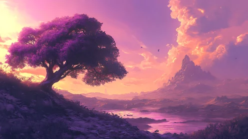 Dreamy violet tree watches over a glowing fantasy valley