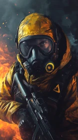 Hazmat-suited armed figure amid flames and dense smoke.