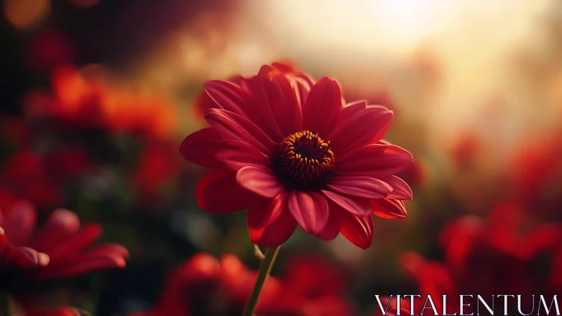 Red Gerbera Daisy Illuminated by Golden Sunlight.