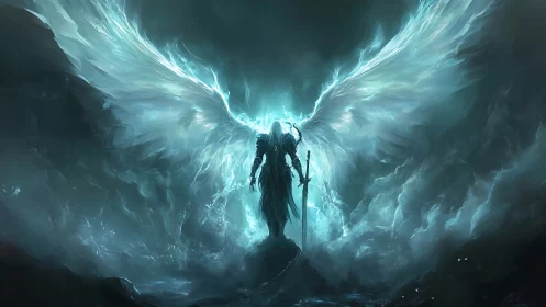 Epic celestial warrior with luminous wings in storm.