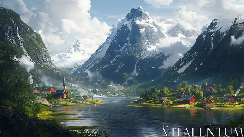 Peaceful fjord village nestles below towering snowy peaks