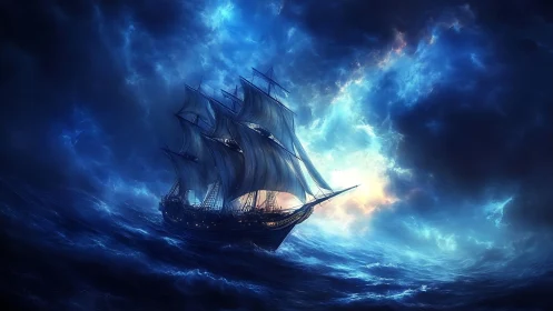 Stormlit tall ship welcomes adventure on glowing blue seas