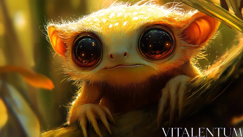 Small fantasy creature with large reflective eyes looks forward