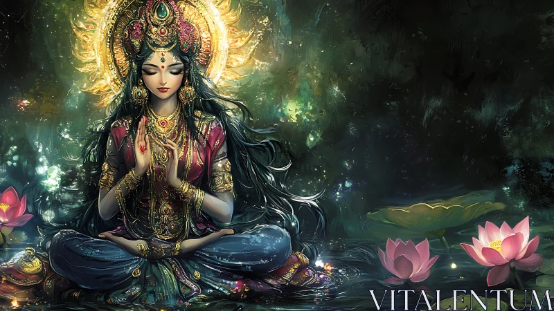 Divine goddess in lotus meditation amid glowing forest pond.