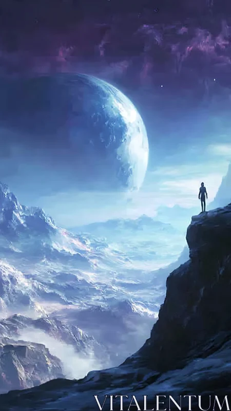Lone figure overlooking icy alien world and planet