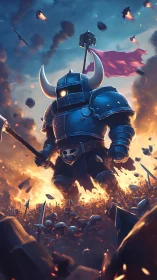 Armored horned giant leads burning battlefield assault.