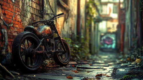 Rusty alleyway motorcycle resting in soft evening light.