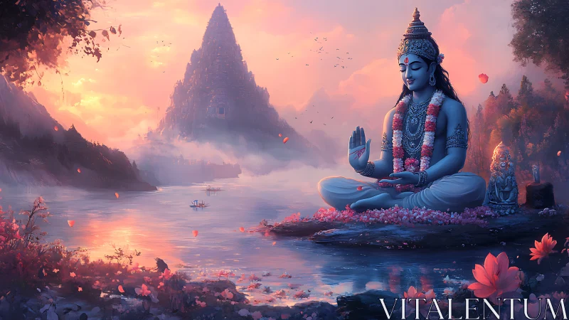 Divine blue deity meditating by lotus lake at ethereal sunrise