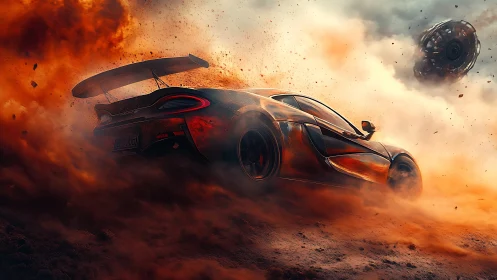 Supercar powers through fiery dust as UFO hovers above.