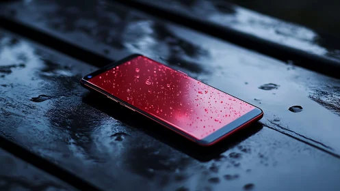 Red smartphone on wet bench surface after rainfall.
