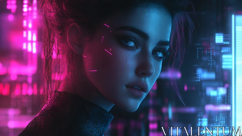 Cyberpunk woman portrait in neon pink and blue light.