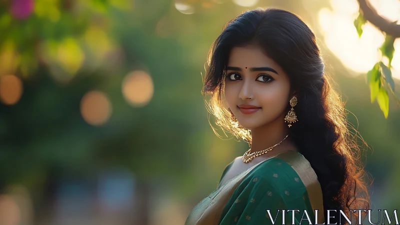 Elegant woman in green sari with gold jewelry, soft natural light.