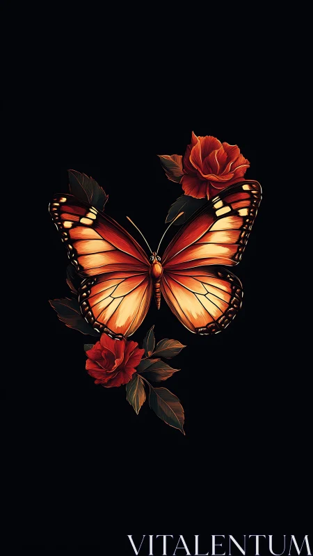 Emberwing butterfly courting scarlet roses at midnight.