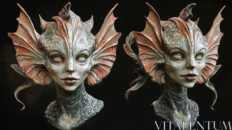 Aquatic alien bust sculpture with corroded fin crest.