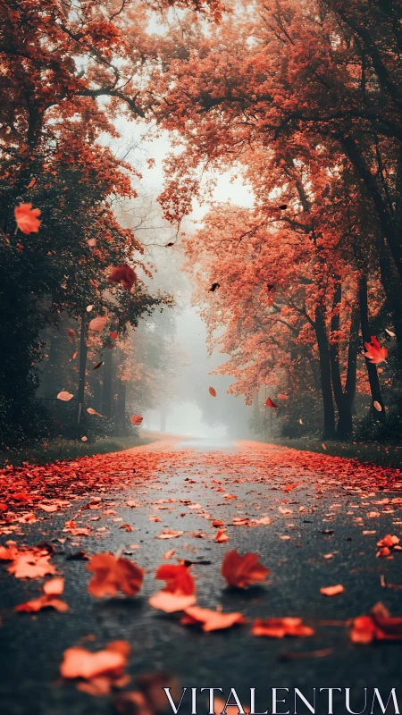 Autumn road disappears into mist beneath fiery red foliage