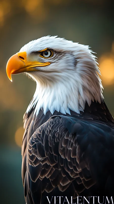 Regal bald eagle portrait in warm bokeh backlight profile.