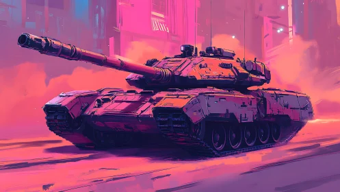 Futuristic battle tank in neon pink urban street scene.