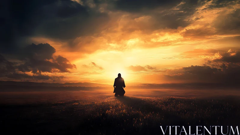 Solitary figure kneels under blazing golden sunset sky