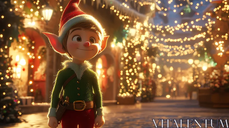 Digital painting of festive Christmas elf in bokeh-lit street.