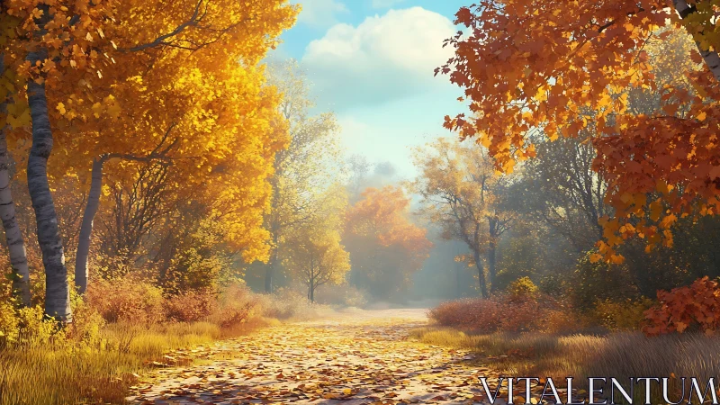 Golden Autumn Path Through Forest Canopy
