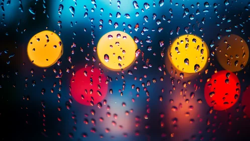 Defocused colored lights appear behind rain droplets on glass