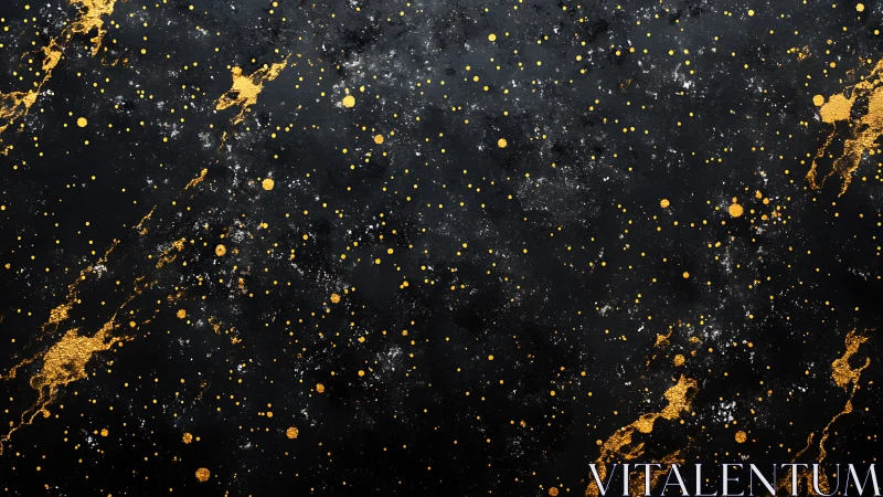 Golden splatter constellations on deep black canvas background.