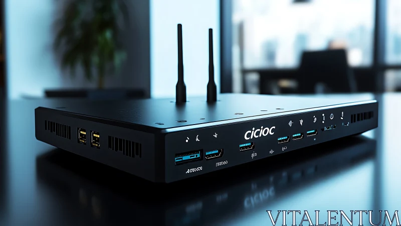Sleek office network router with dual antennas on desk.