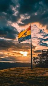 Sunset flag glowing against dramatic golden clouds.