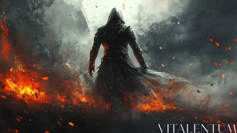 Hooded firewalker strides through embers and storming smoke