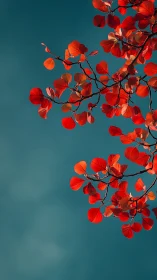 Red circular foliage branch against teal negative sky space